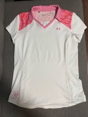 Under Armour White & Pink V-Neck Golf Polo - Banff Springs Golf Course Logo
